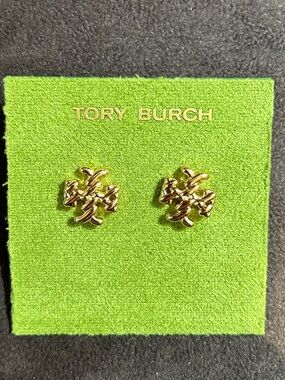 Tory Burch Gold-Tone small Logo Stud Earrings textured rope new double T logo